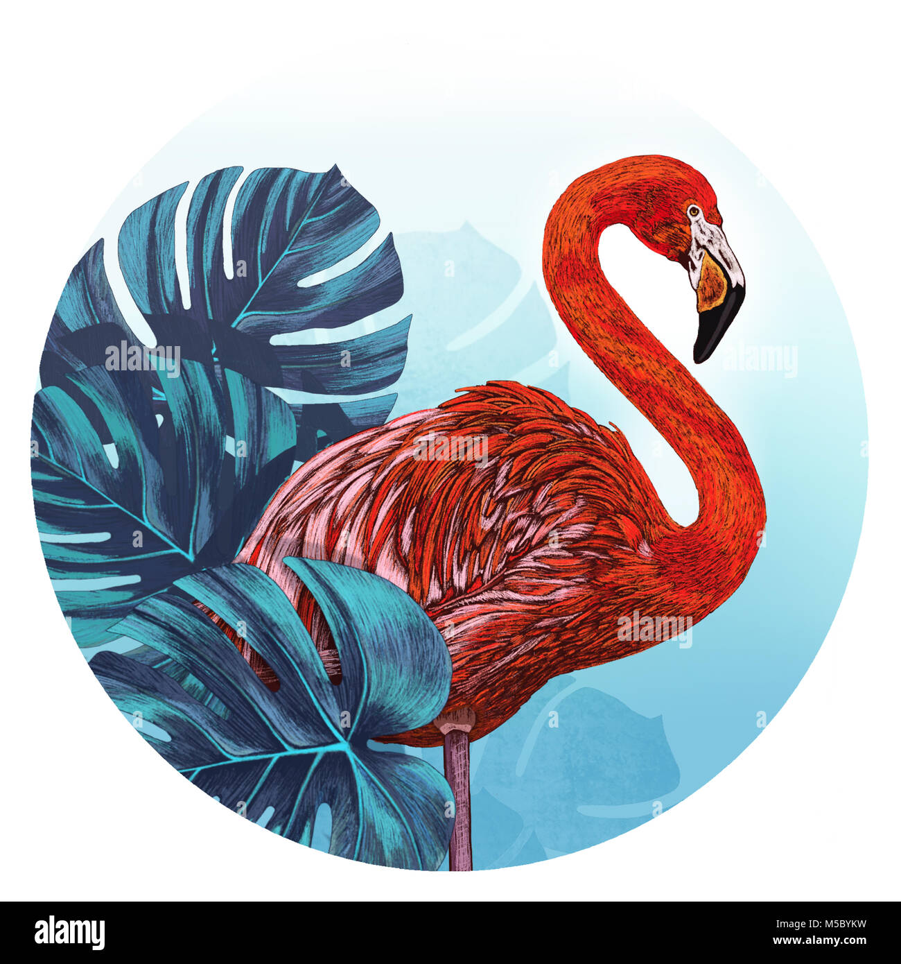 Illustration de Flamingo. Flamingo en face de feuilles tropicales Banque D'Images