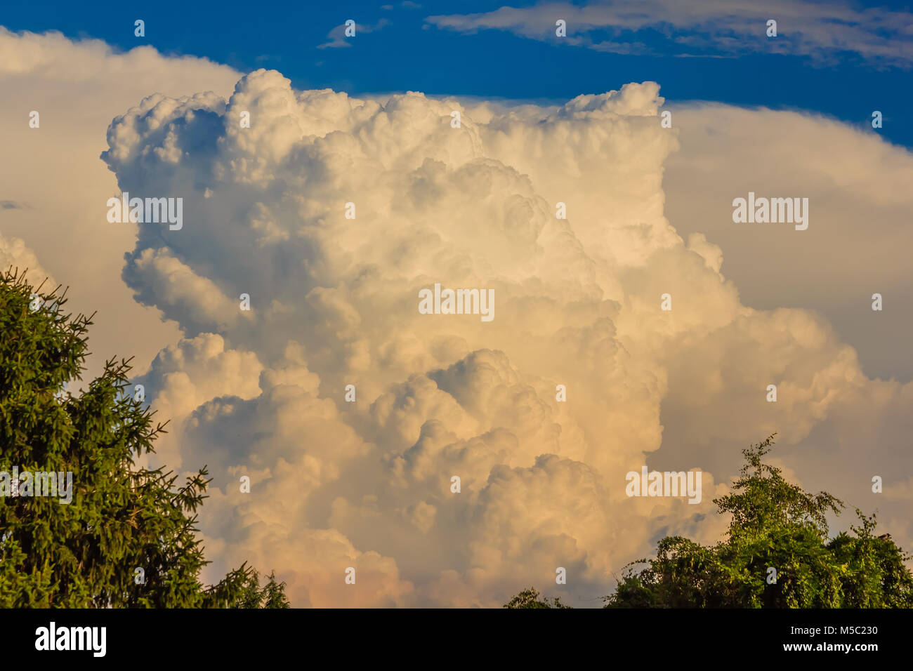 Une série de nuages blancs qui ressemblent à de la crème fouettée /un original en forme de chou-fleur La formation de nuages Banque D'Images