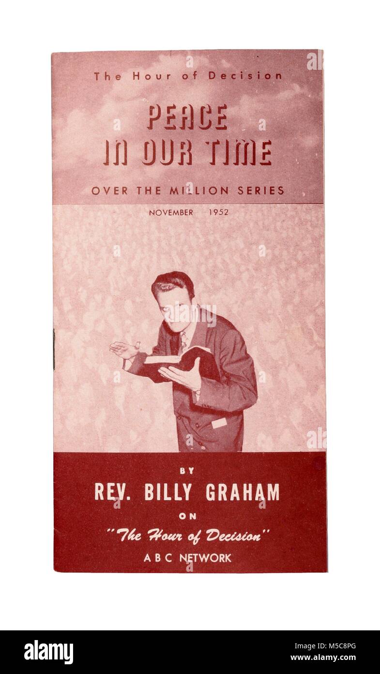 Brochure intitulée : La paix en notre temps par le révérend Billy Graham, 1952 - Rev. Graham a accueilli l'émission de radio populaire Heure de la décision de 1950 à 1954. Banque D'Images