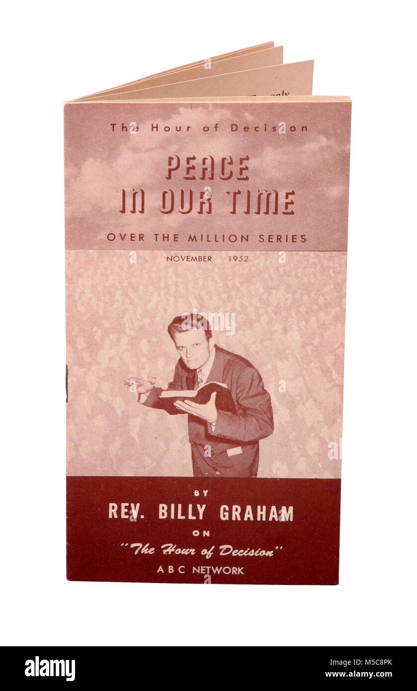 Brochure intitulée : La paix en notre temps par le révérend Billy Graham, 1952 - Rev. Graham a accueilli l'émission de radio populaire Heure de la décision de 1950 à 1954. Banque D'Images