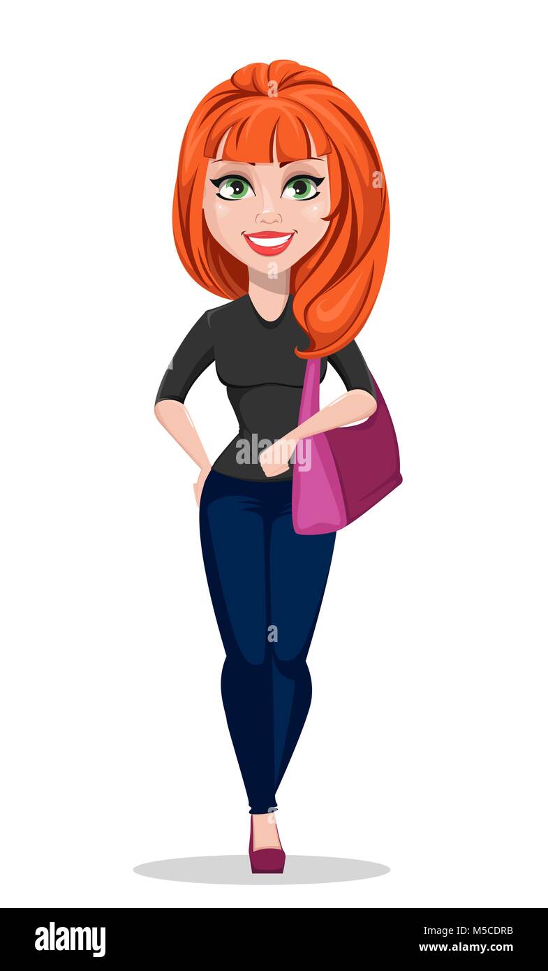 Fille élégante dans des vêtements décontractés. Belle femme d'affaires en style libre clothes holding sac à main. Cute cartoon character businesswoman. Vector illustrat Illustration de Vecteur