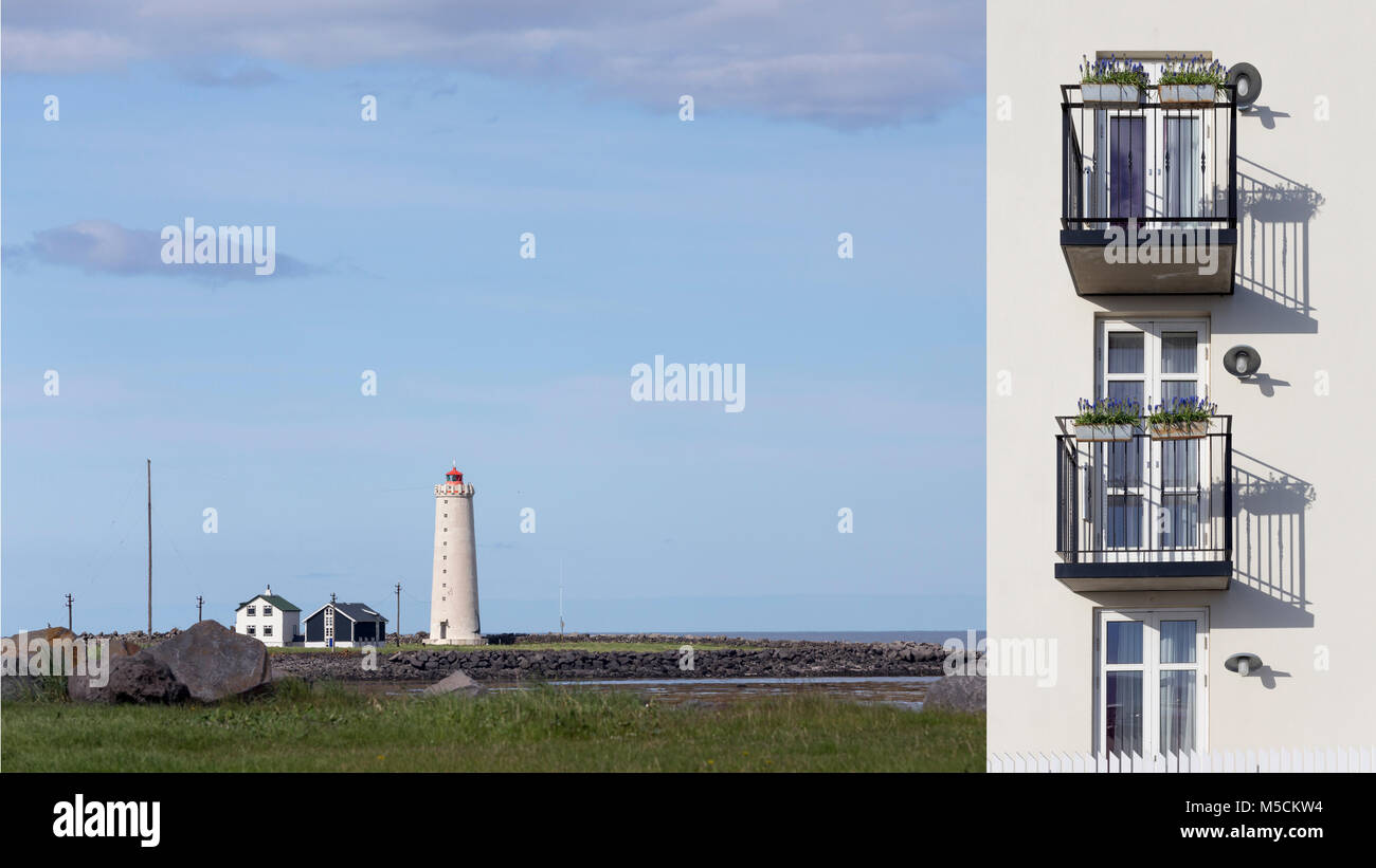 Un collage avec un paysage avec un phare blanc et une maison blanche avec des balcons et des fleurs bleu Banque D'Images