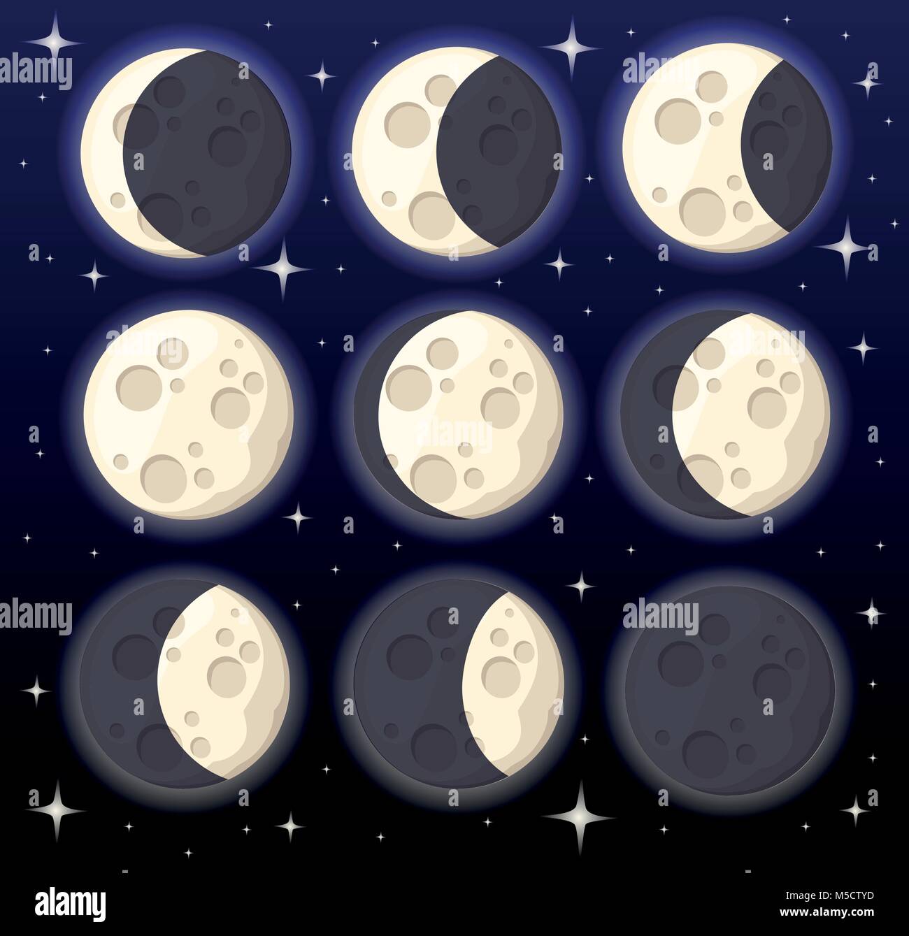 Ensemble de différentes phases de lune objet spatial satellite naturel de la terre vector illustration isolé sur fond de nuit page site web et mobile app Illustration de Vecteur