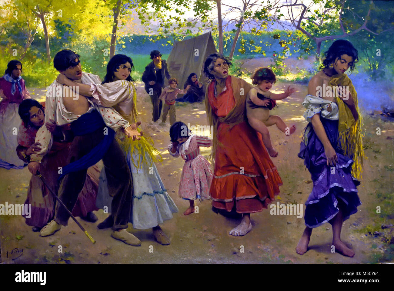 La Rebelde - Le Rebelle 1930 Antonio Fillol Granell 20ème, siècle, l'Espagne, l'espagnol, ( Ce travail nous amène à un camp de gitans dans le milieu de la campagne, un clan d'un décalage de la famille. La boutique improvisée à l'arrière-plan est la seule référence à un type d'habitat. ) Banque D'Images