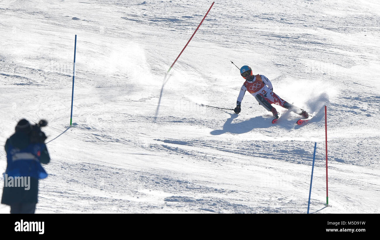 Adam Kotzmann de République tchèque en compétition lors de la première exécution de la Men's slalom aux Jeux Olympiques d'hiver de 2018 à Pyeongchang, Corée du Sud, le 22 février 2018. (Photo/CTK Michal Kamaryt) Banque D'Images