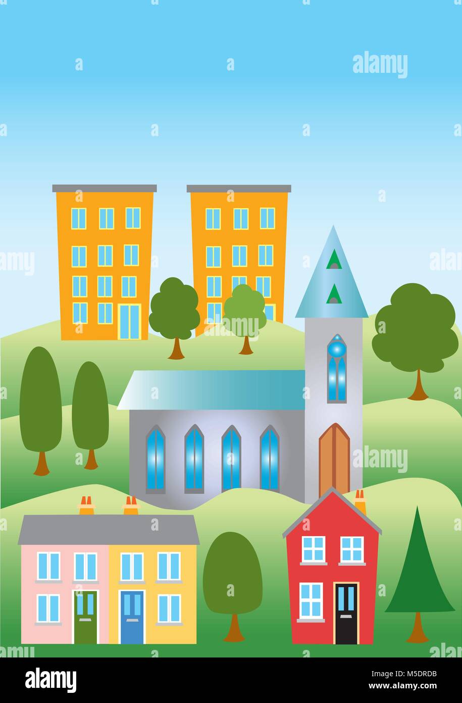 Un dessin animé avec des maisons de ville, église, appartement et blocs. Illustration de Vecteur