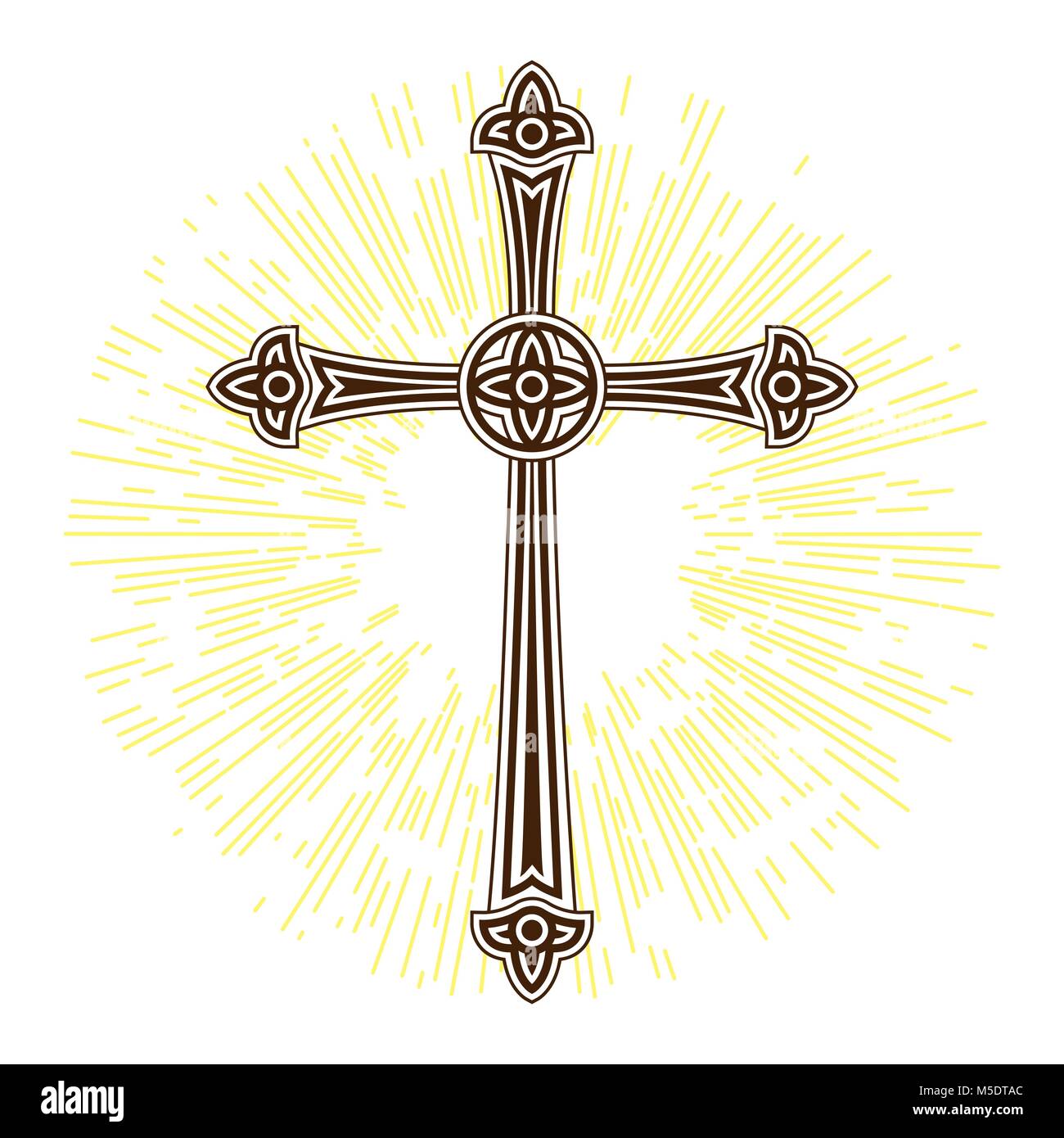 Silhouette de croix ouvragée avec lumières. Joyeuses Pâques concept illustration ou d'une carte de vœux. Symbole de foi religieuse Illustration de Vecteur