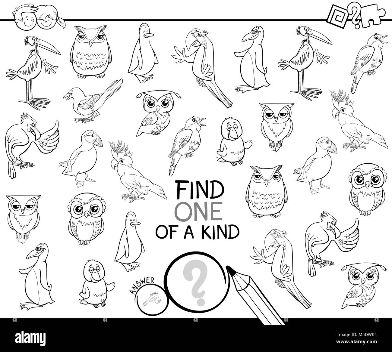 Illustration Cartoon noir et blanc de trouver un d'une sorte Photo Activité éducative jeu pour les enfants avec des oiseaux à colorier Personnages Animaux Illustration de Vecteur
