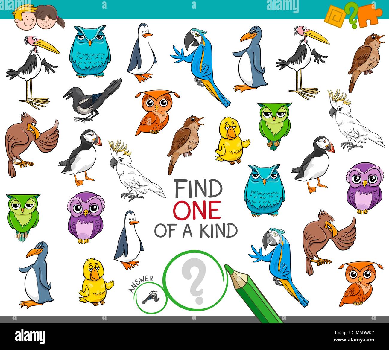 Cartoon Illustration de trouver un d'une sorte Photo Activité éducative jeu pour les enfants avec des personnages animaux Oiseaux Illustration de Vecteur