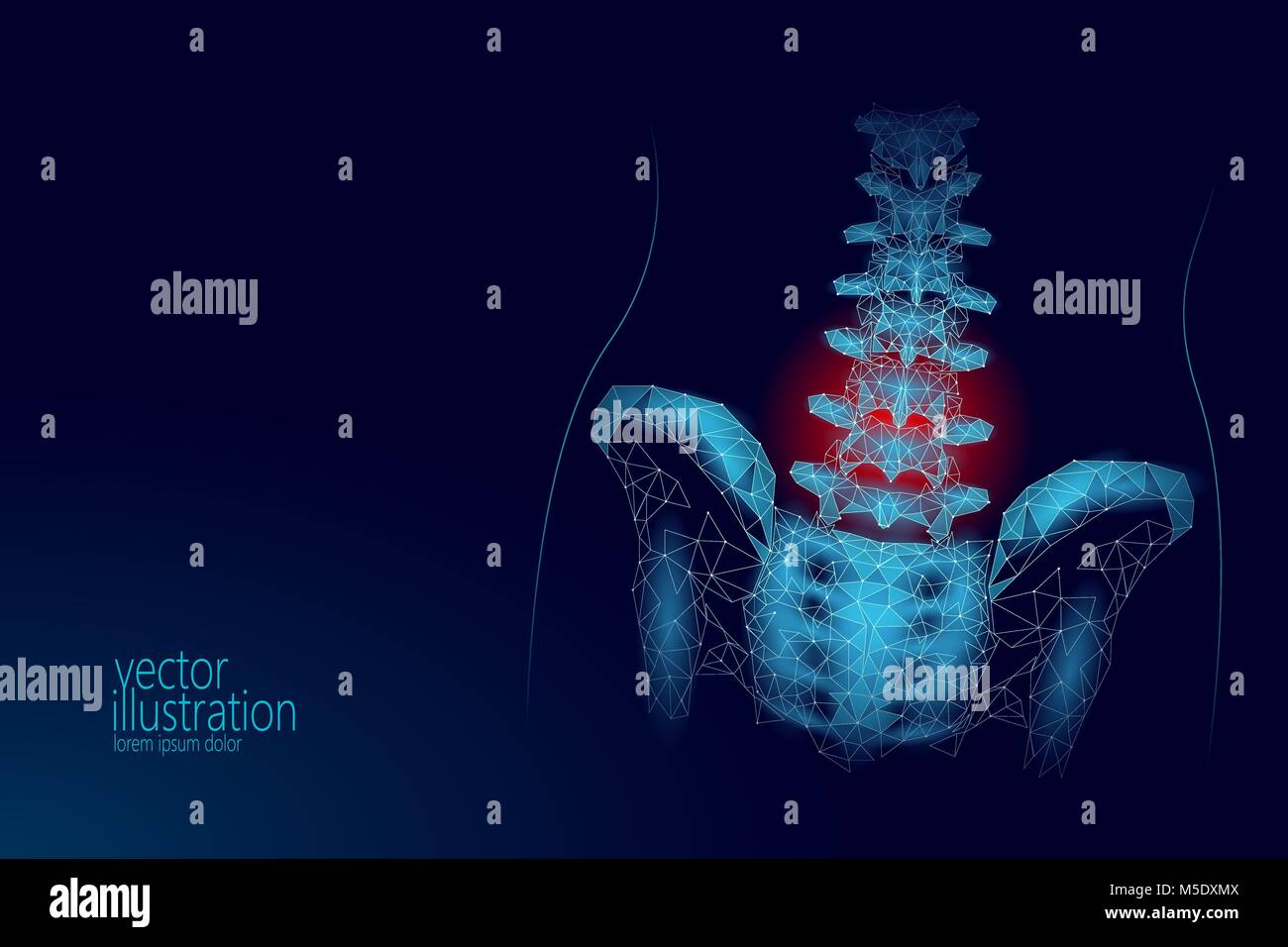 Les droits de la colonne vertébrale lombaire douleur hanche radiculite basse poly. Triangle particules polygonales géométrique point line Technologie de médecine future bleu rouge région douloureuse vector illustration Illustration de Vecteur