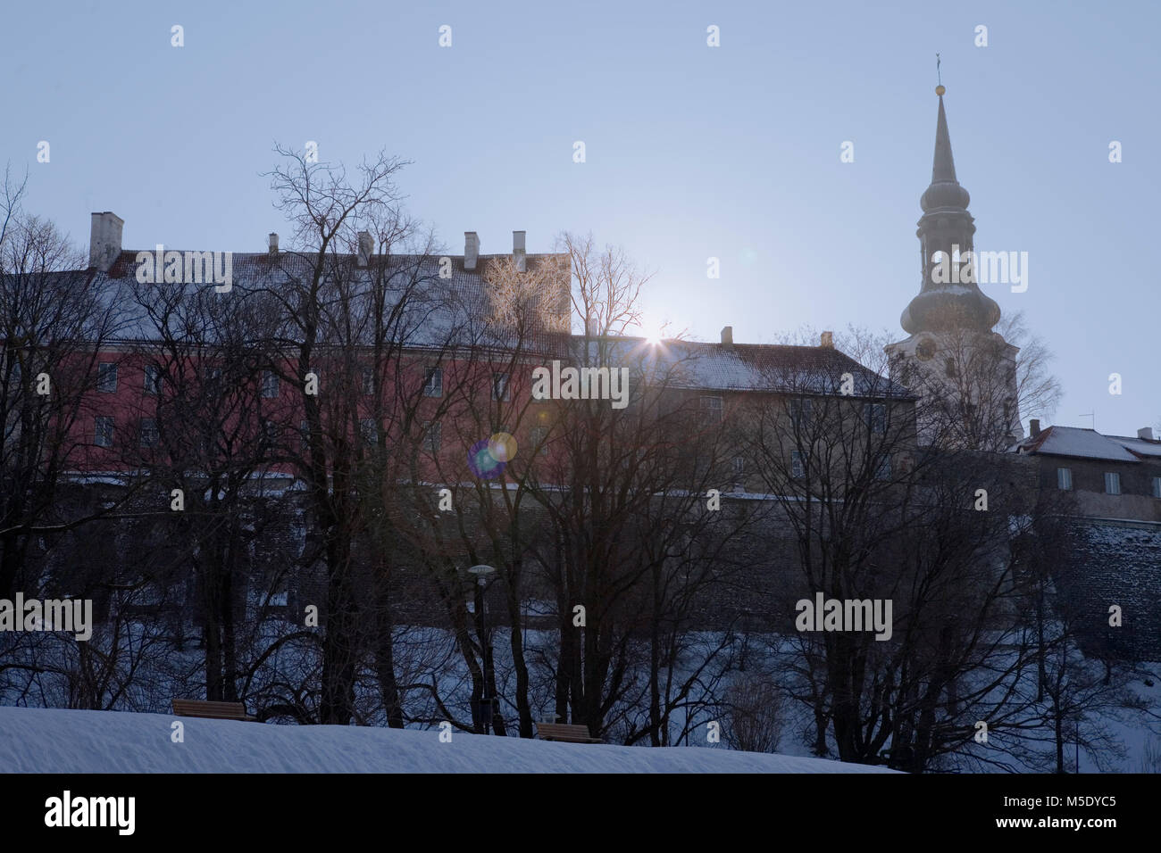 Tôt le matin dans la région de Toompark, Tallinn en hiver, avec la tour de Toomkirik dominant l'horizon Banque D'Images