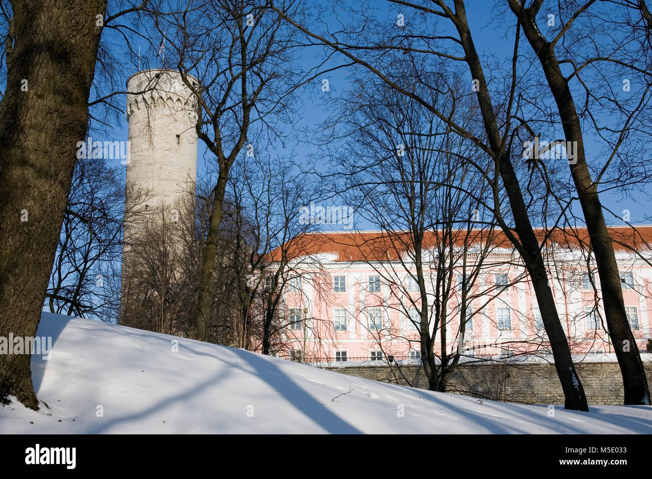 Les édifices du Parlement et le château de Toompea tour Pikk Hermann, Toompea, Tallinn, Estonie, en vertu d'une lourde chute de neige, Parc de Lindamäe Banque D'Images