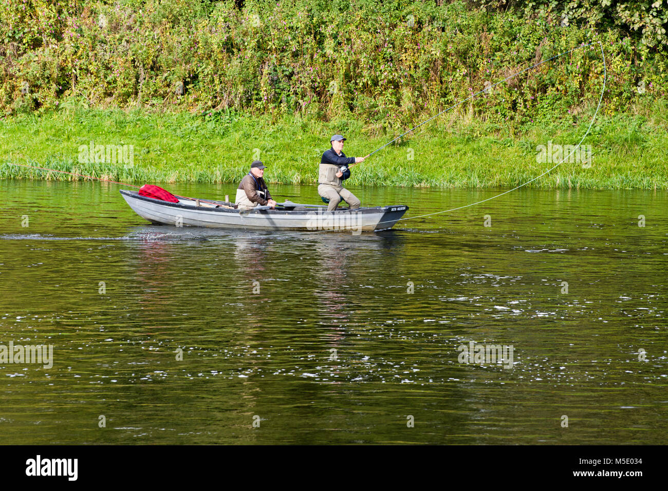 La pêche du saumon, de la jonction extérieure, où la rivière Teviot répond à la rivière Tweed, à Kelso dans les Scottish Borders. Banque D'Images