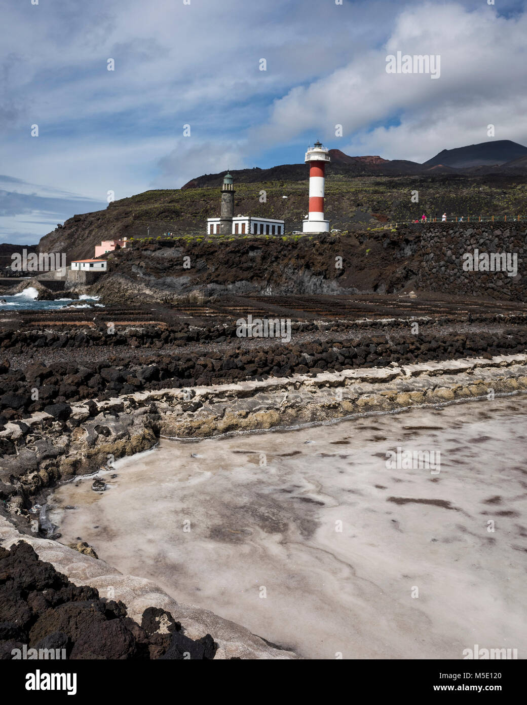 Salinas de Fuencaliente, La Palma. Canaries Espagne. Les étangs d'évaporation de sel Fuencaliente utilisés pour récolter le sel de mer se trouvent sur le bord de la mer. Au-dessus de la célèbre attraction touristique de phares et un centre de visiteurs se trouvent sur le haut de falaises du littoral. Ce site marque la plus sud de La Palma. Photographié avec un appareil photo Ricoh GRII. Banque D'Images