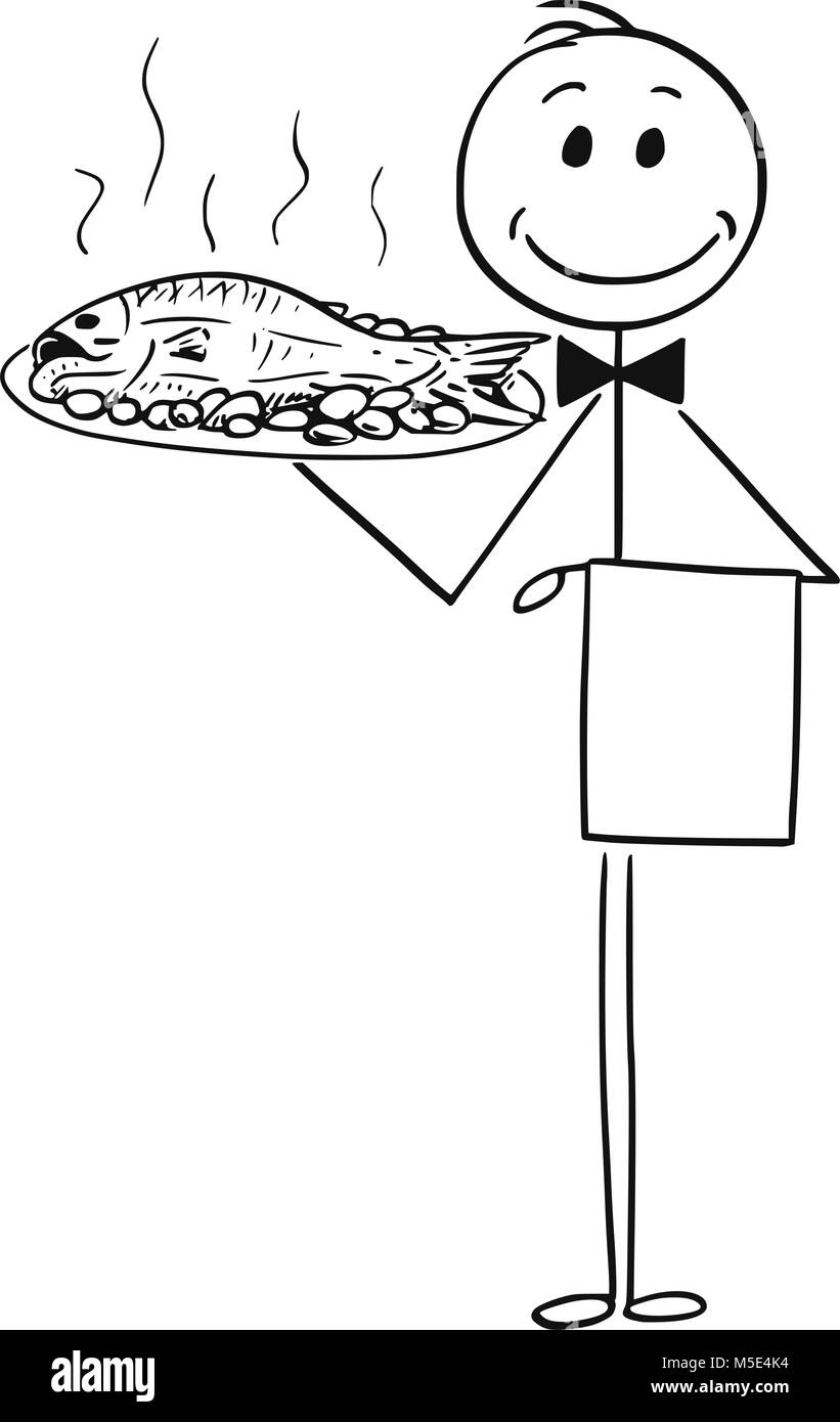 Caricature de Waiter Holding Silver ou le bac avec des poissons Illustration de Vecteur