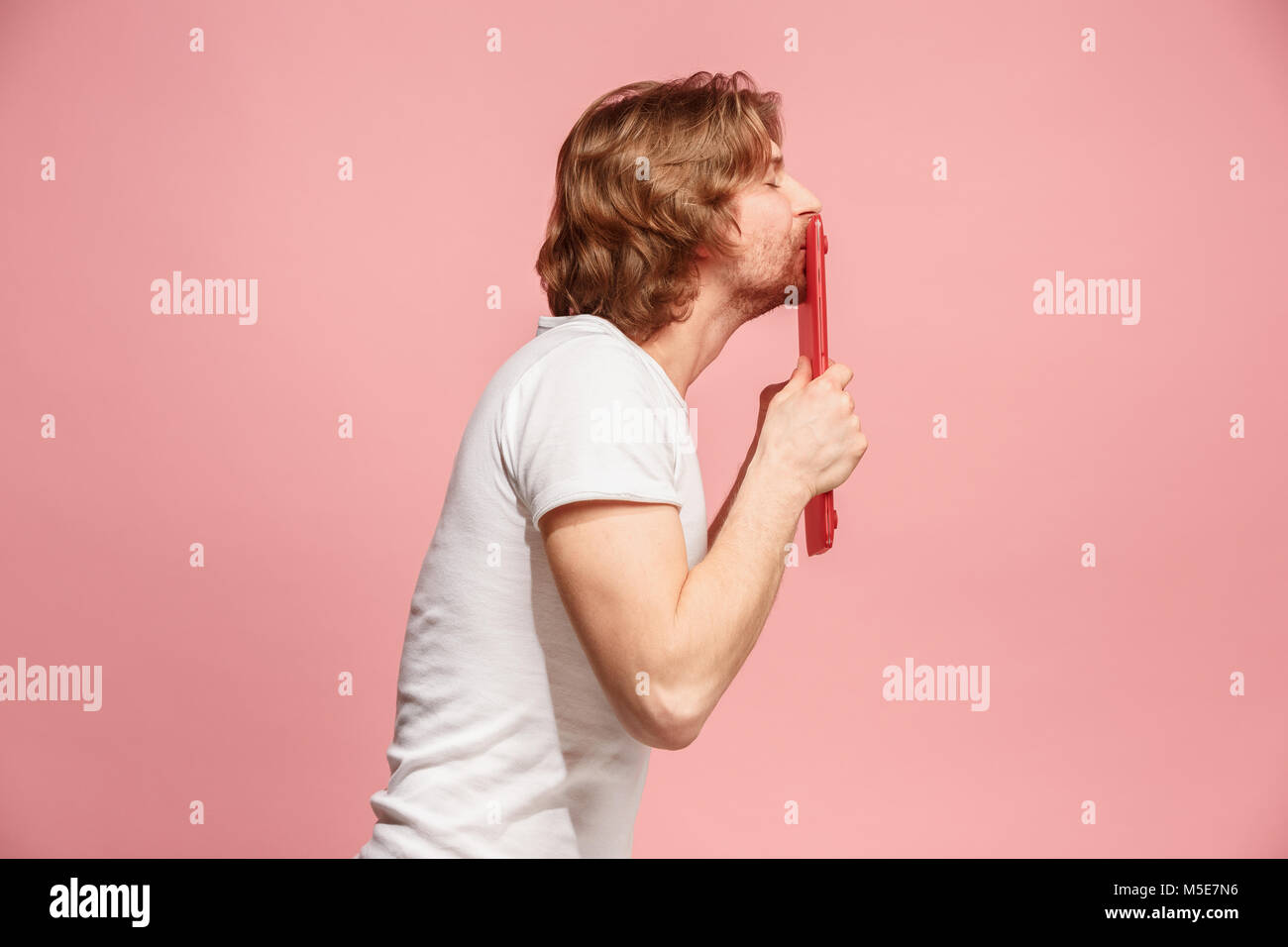 Le portrait avec ordinateur portable rouge sur Rose Banque D'Images