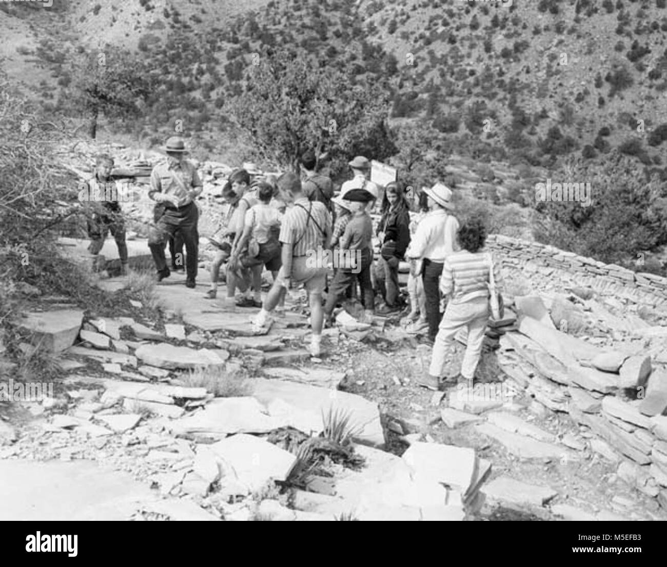 Grand Canyon Combustibles Interprétation naturaliste marche GEORGE HESEMANN interprète les empreintes fossiles À UN GROUPE SUR LE SENTIER HERMIT. 06 août 1963. , SCHAACK. Banque D'Images