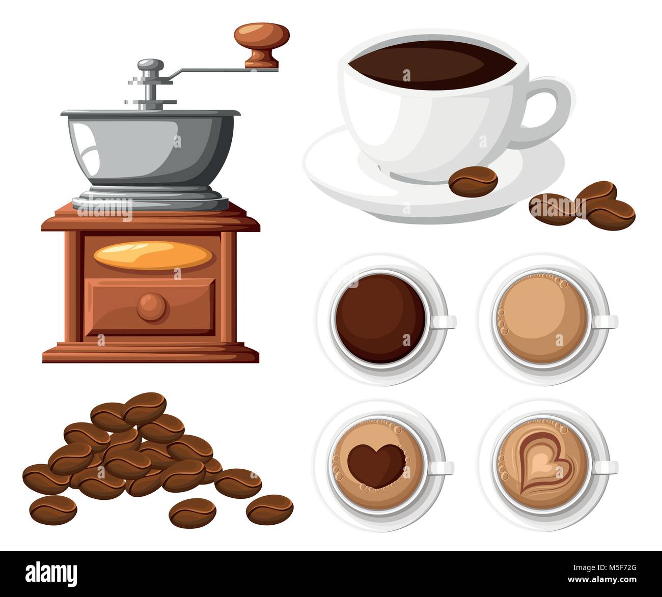 Moulin à café classique avec un tas de grains de café moulin à café manuel et une tasse de café tasse vector illustration isolé sur fond blanc. Illustration de Vecteur