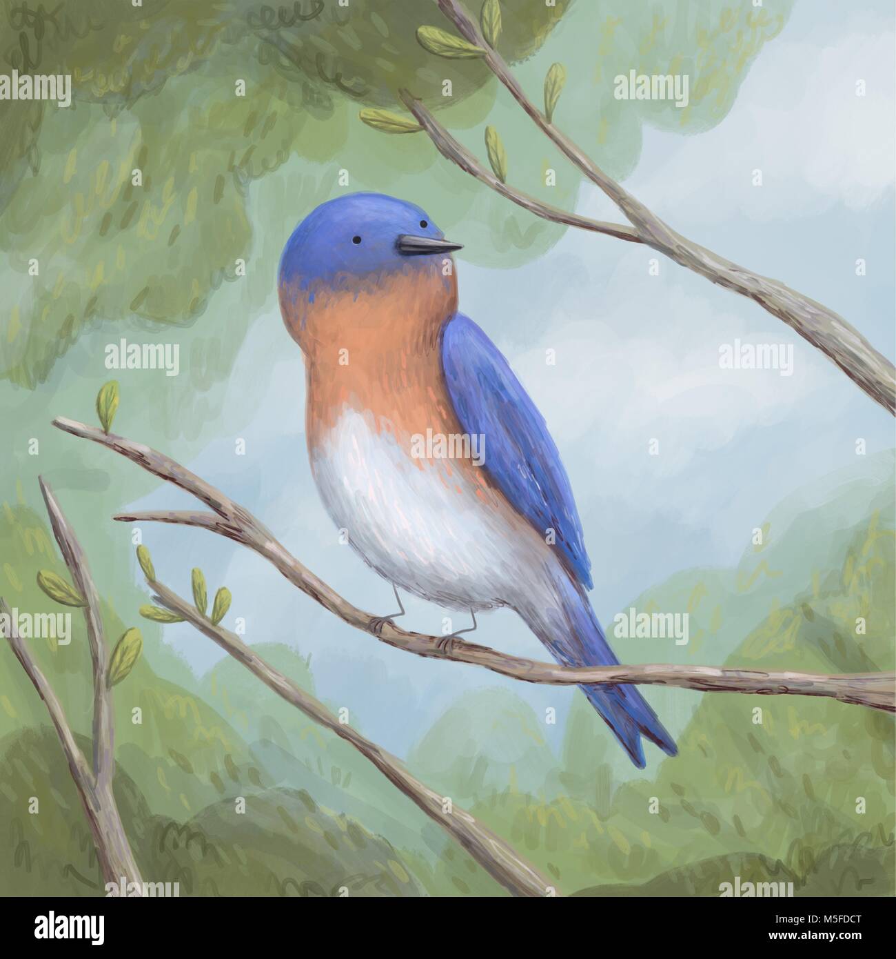 Bluebird dans l'illustration originale des arbres Banque D'Images