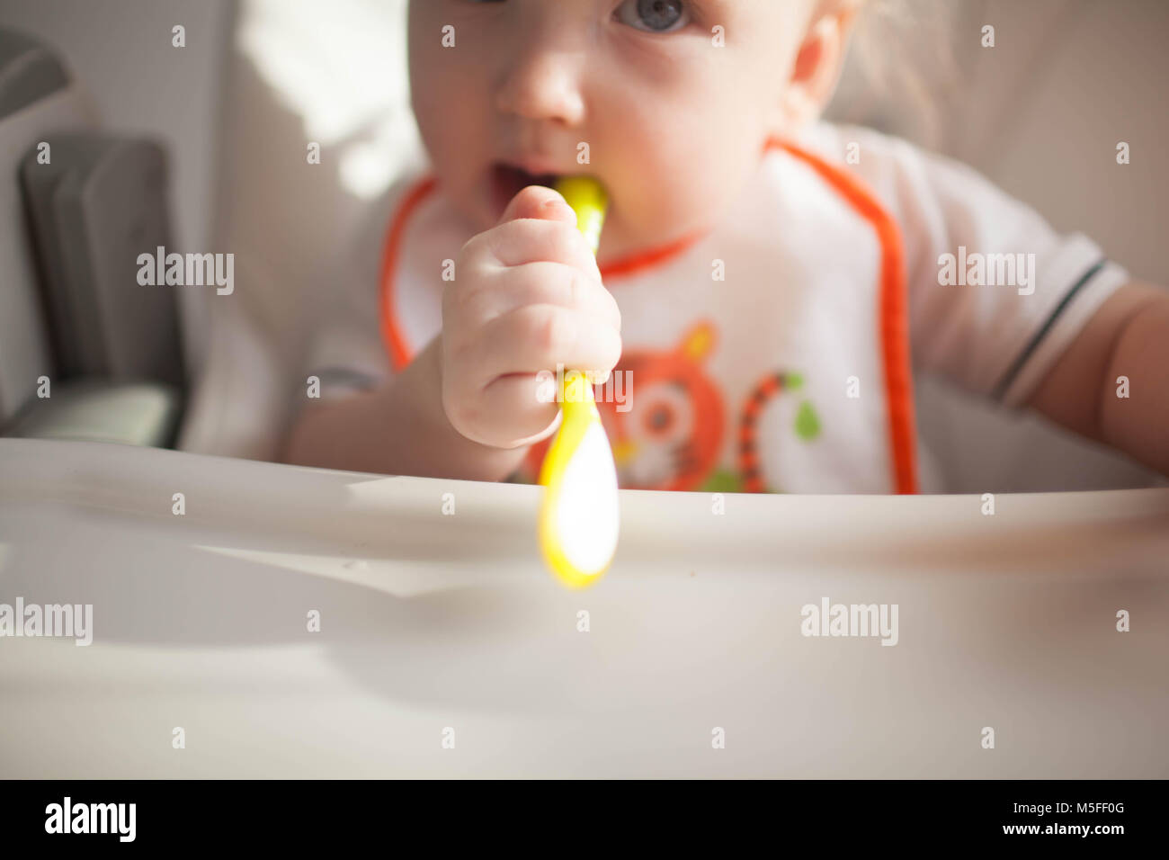 Bébé de 6 mois et il a pour la première fois essaie les légumes. Pour l'alimentation à la cuillère Banque D'Images