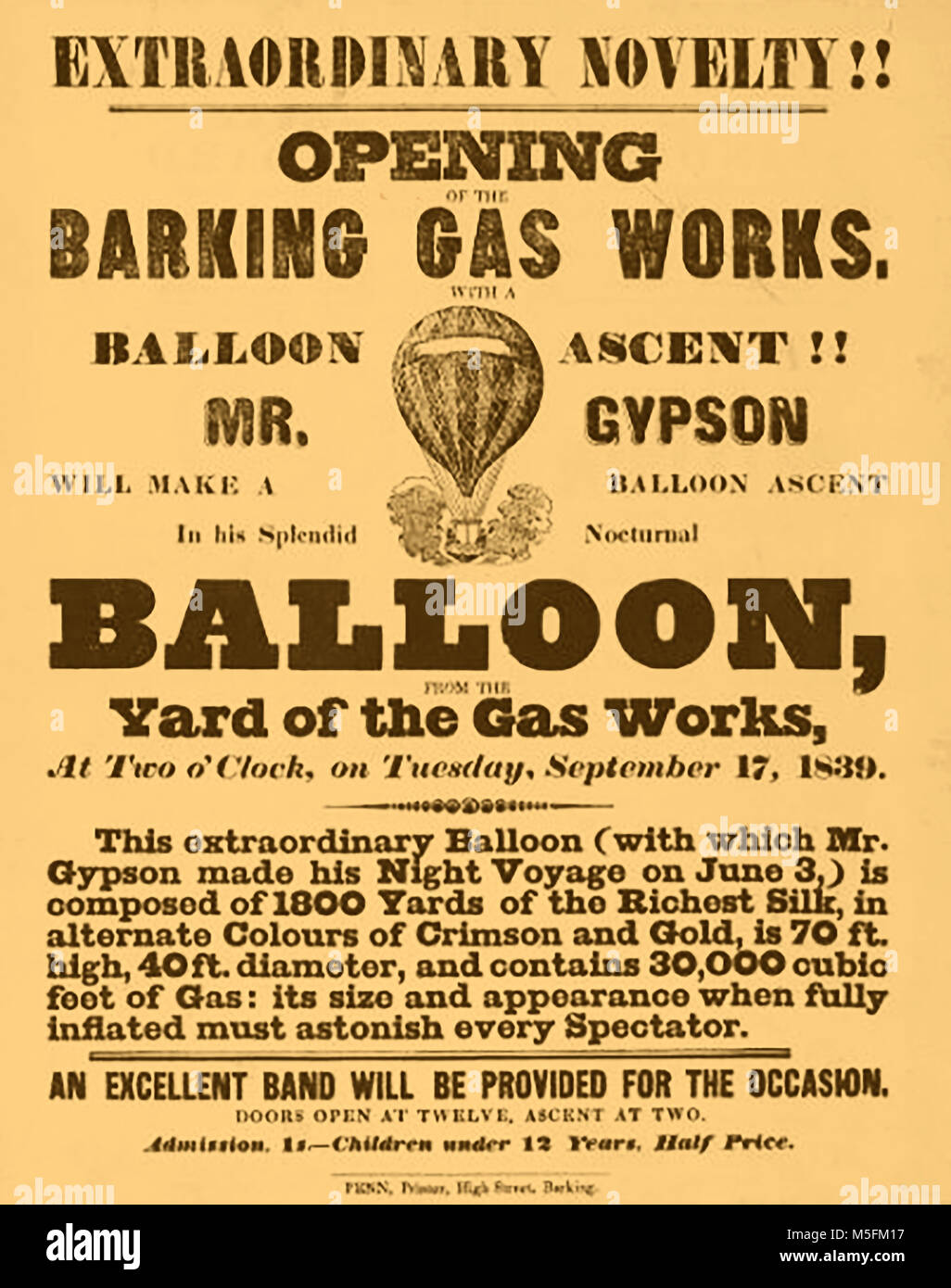 L'aéronautique historique, des ballons et des machines volantes - Affiche annonçant une ascension en montgolfière nocturne lors de l'ouverture officielle de l'usine à gaz qui aboient , , Londres 1839 Banque D'Images