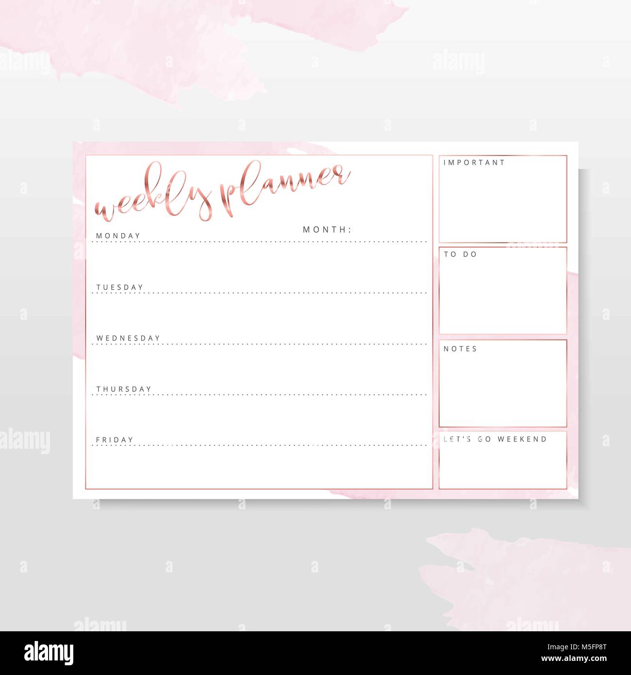 Hebdomadaire de l'or rose, papeterie pré vu organisateur pour plans quotidiens, hebdomadaires, vecteur modèle de planification d'horaires, détails en or rose Illustration de Vecteur