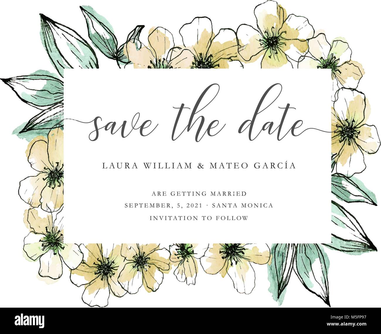 Save the date modèle avec des fleurs à la main, lineart et aquarelle, save the date lettrage, modèle de mariage Illustration de Vecteur