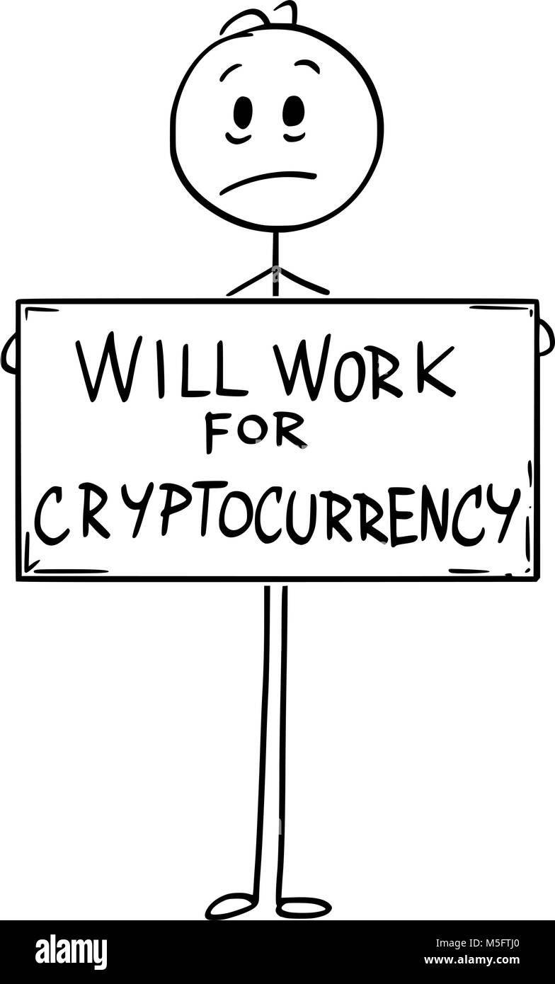 Caricature de chômeurs affamés triste Man Holding fonctionnera pour Cryptocurrency Sign Illustration de Vecteur