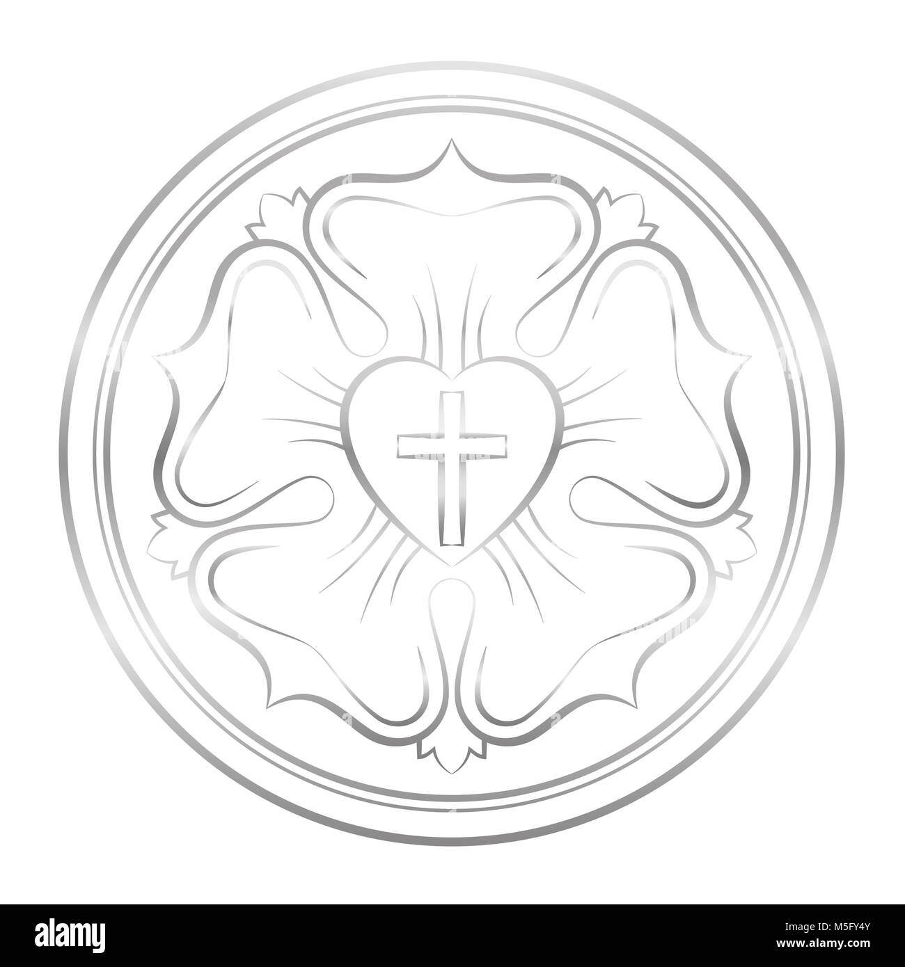 Symbole de Luther. Symbole du luthéranisme et protestants, composé d'une croix, un coeur, une seule rose et un anneau d'argent - illustration de blanc. Banque D'Images Symbole de Luther. Symbole du luthéranisme et protestants, composé d'une croix, un coeur, une seule rose et un anneau d'argent - illustration de blanc. Banque D'Images