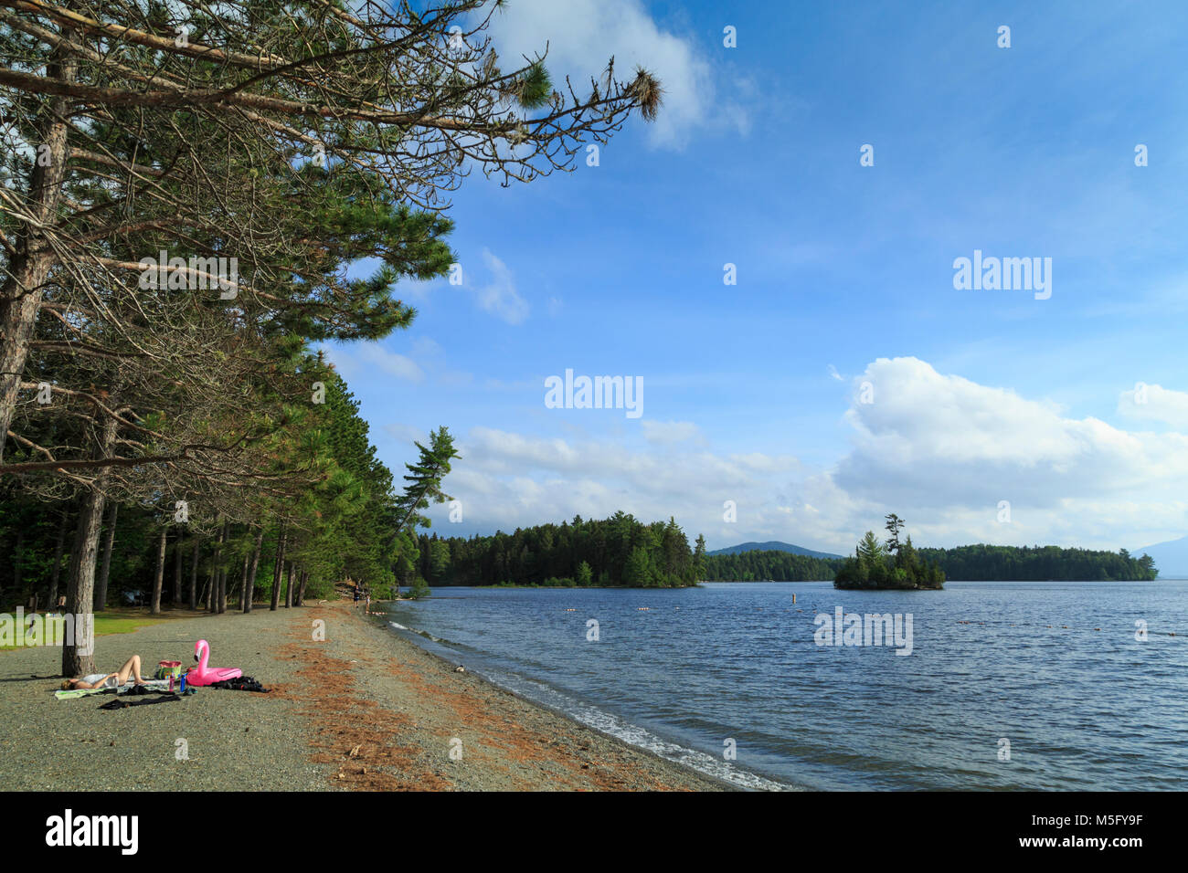 Sunbather solitaire par le lac Lily Bay State Park, le lac Moosehead, Greenville, Maine Banque D'Images