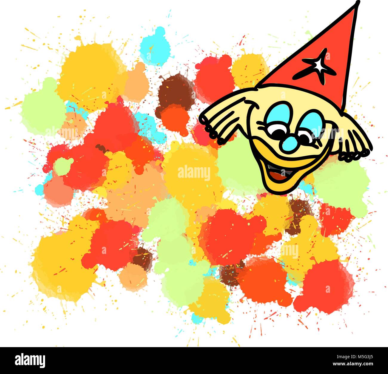 Clown et taches de couleur de gouttes de peinture. Enfance heureuse d'icônes. Illustration de Vecteur