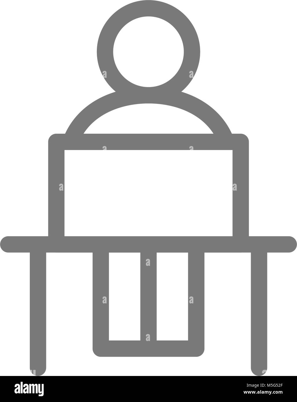 Homme simple est assis sur le lieu de travail avec l'icône de la ligne de l'ordinateur portable. Symbole et signe vector illustration design. Isolé sur fond blanc Illustration de Vecteur