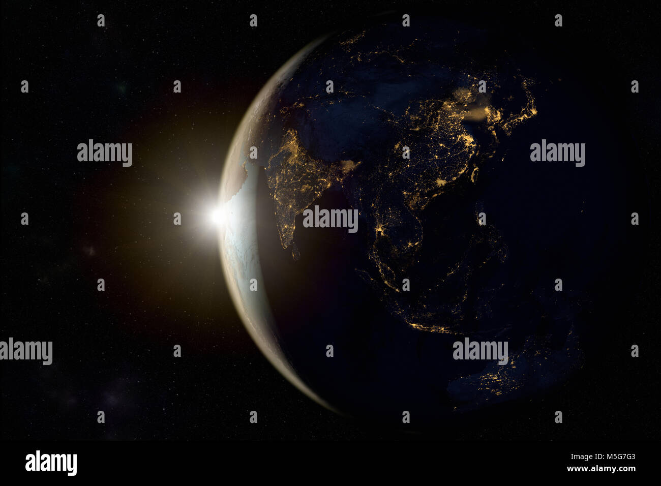 Le rendu 3D d'un lever de soleil sur la terre depuis l'espace Banque D'Images