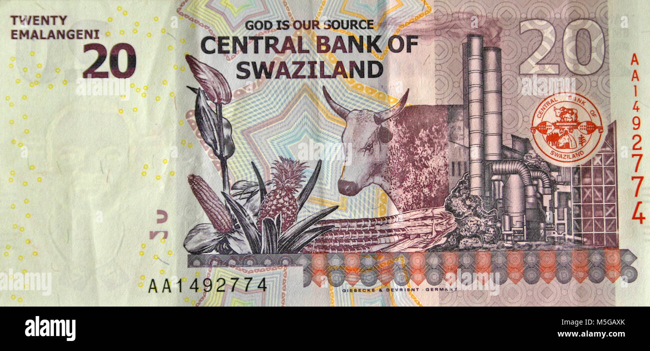 Lilangeni Swazi 20 euros, verso Banque D'Images