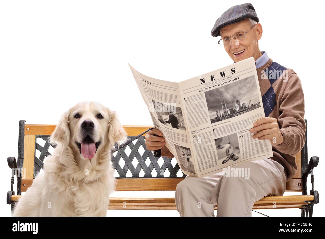 Les cadres supérieurs avec un labrador retriever chien assis sur un banc et lire un journal isolé sur fond blanc Banque D'Images