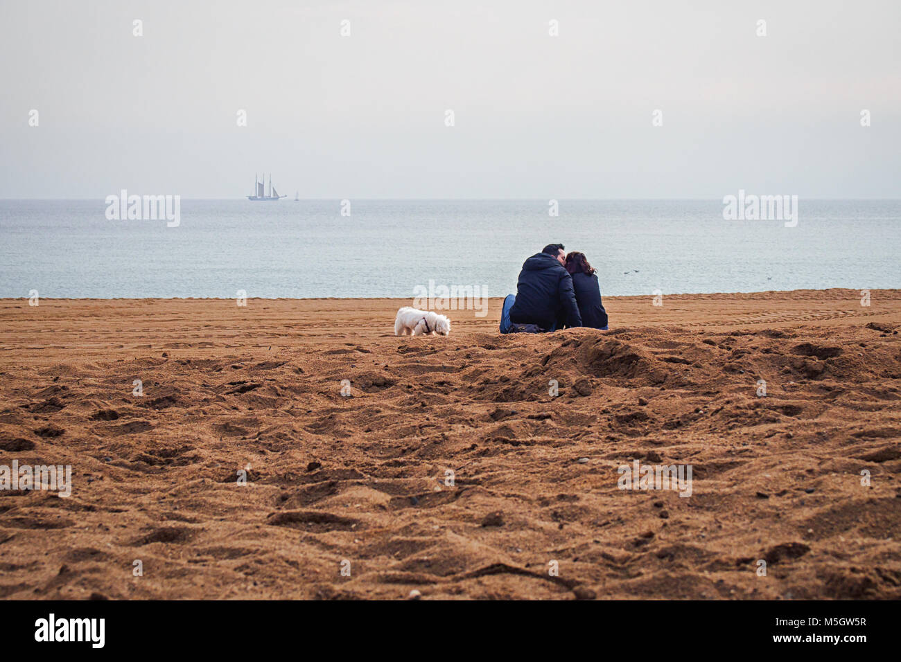 Barcelone, Espagne-17 février, 2018 : Сouple des amoureux avec un chien, baiser sur la Sant Miguel Beach avec un voilier à l'horizon Banque D'Images