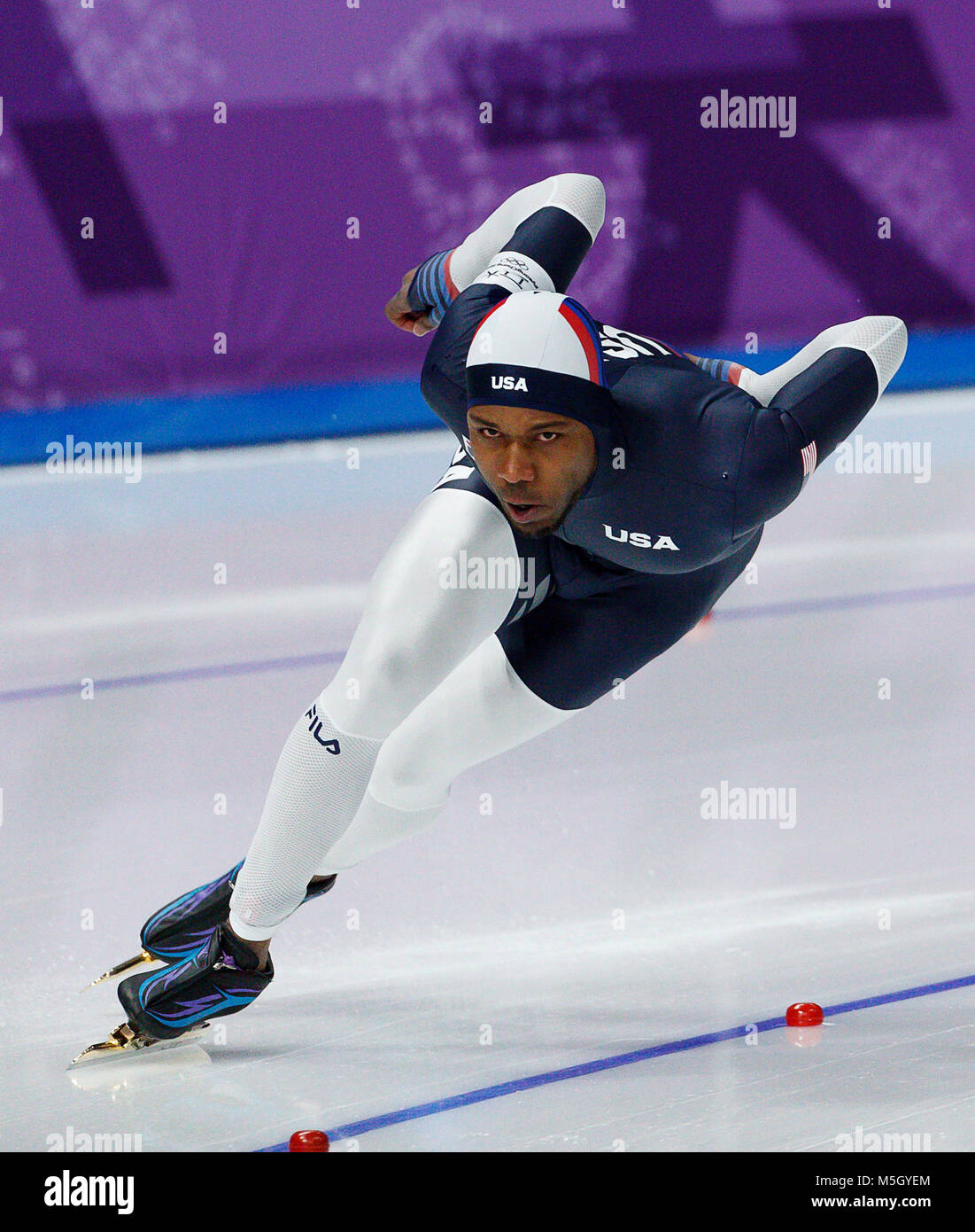 Gangneung, Corée du Sud. Feb 23, 2018. Shani Davis des Etats-Unis au cours de la compétition de patinage de vitesse Hommes 1000M finale aux Jeux Olympiques d'hiver de PyeongChang 2018 à Gangneung, le vendredi 23 février, ovale, 2018. Crédit : Paul Kitagaki Jr./ZUMA/Alamy Fil Live News Banque D'Images