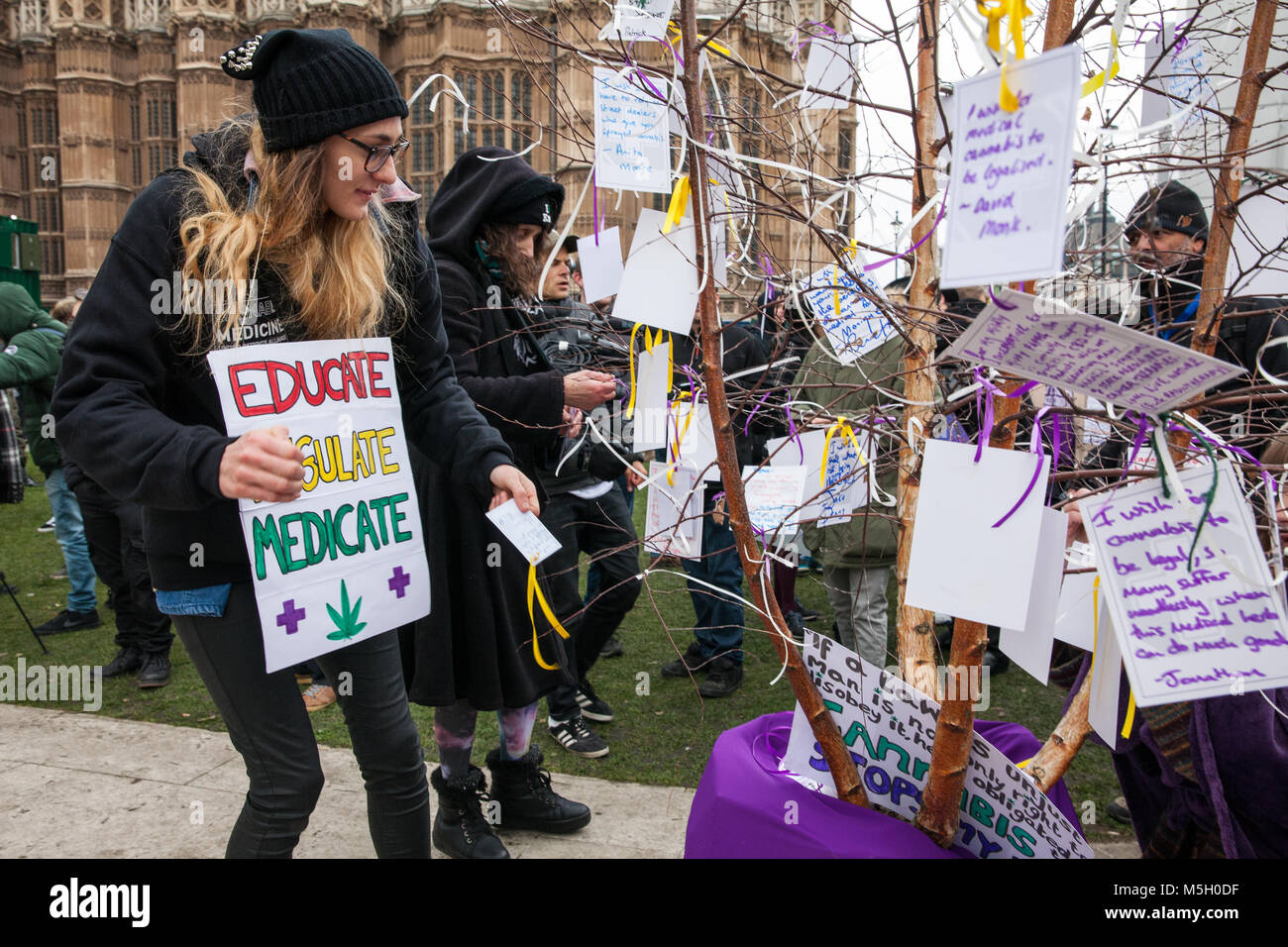 Londres, Royaume-Uni. 23 Février, 2018. Les partisans de l'Alliance Patients fixer des messages, ou 'Canna-Wishes', à un arbre des désirs en face du Parlement lors d'un rassemblement organisé à l'occasion de la deuxième lecture au Parlement de la légalisation du cannabis à des fins médicinales (Loi 2017-19), également connu sous le nom de l'Elizabeth Brice Loi après un multiple sclerosis patient décédé en 2011. Banque D'Images