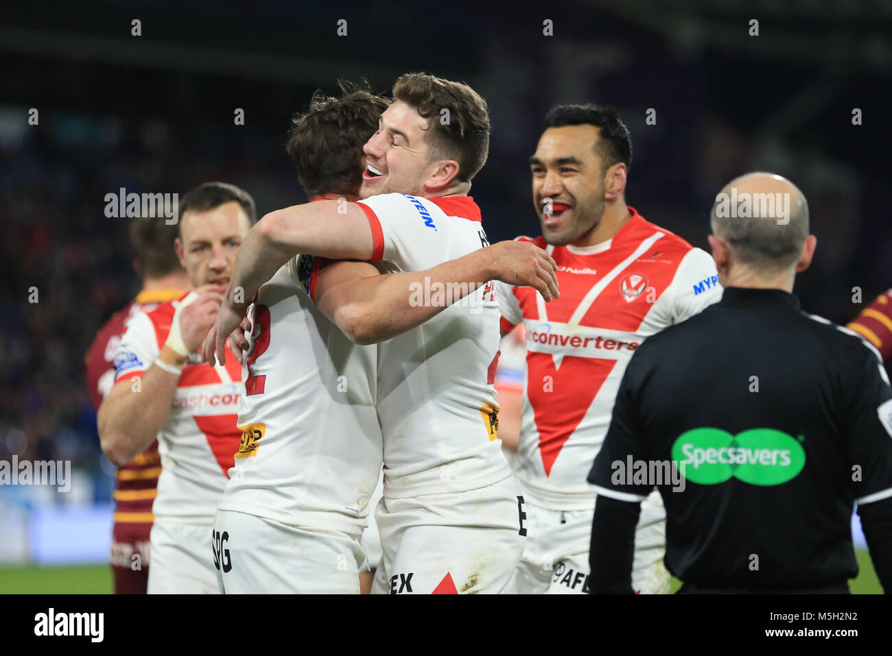 Huddersfield, UK. Feb 23, 2018. John Smiths Stadium, Huddersfield, Angleterre ; Betfred Super League rugby, Huddersfield Giants contre St Helens ; Jon Wilkin de St Helens célèbre son crédit d'essayer : Nouvelles Images/Alamy Live News Banque D'Images