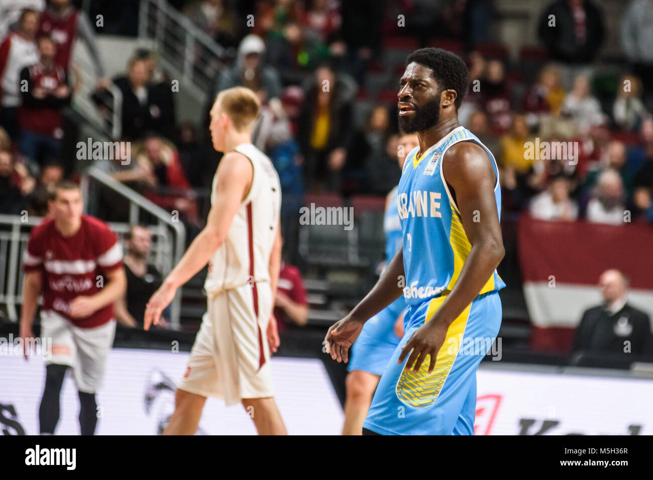 Riga, Lettonie. Feb 23, 2018. Coupe du Monde de Basket-ball FIBA 2019 Jeu de qualification : Lettonie - Ukraine. Arena Riga. Credit : Gints Ivuskans/Alamy Live News Banque D'Images