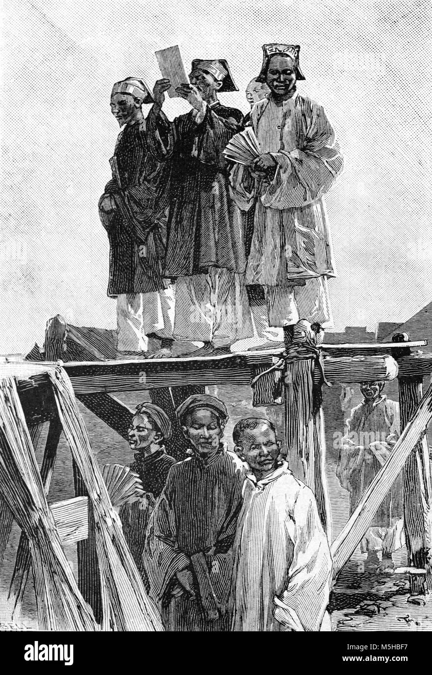 Des représentants de l'Etat ou les administrateurs d'annoncer publiquement les résultats de l'examen ou de l'examen au Tonkin, dans le nord du Vietnam (gravure, 1889) Banque D'Images
