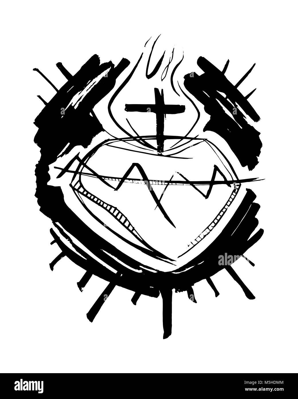 Hand drawn vector illustration ou dessin de Jésus Christ Sacré Coeur Banque D'Images