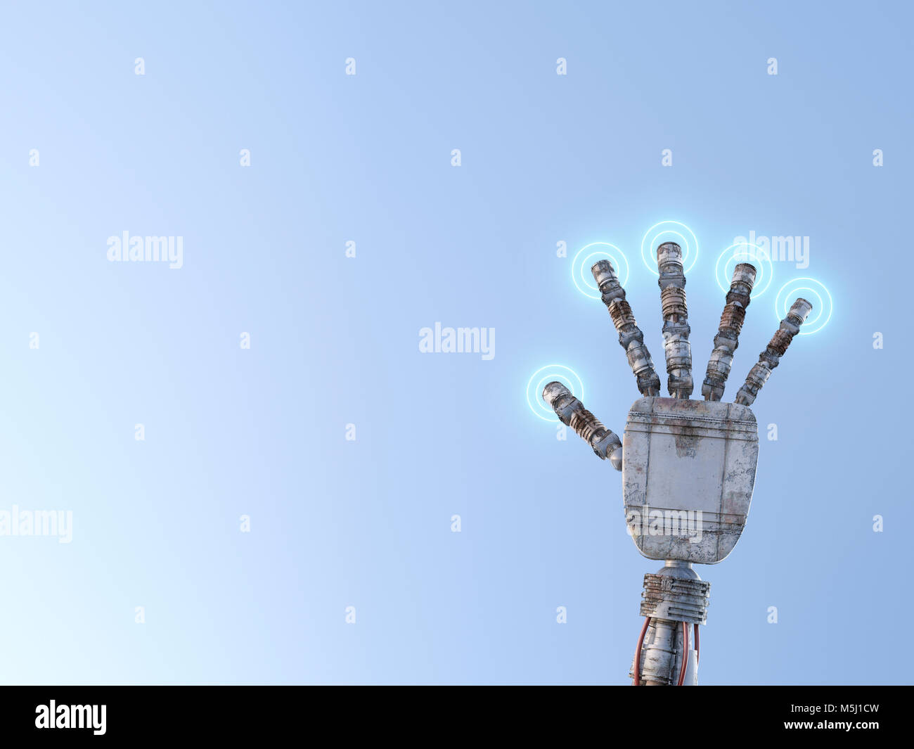La main du robot en appuyant sur les boutons lumineux Banque D'Images