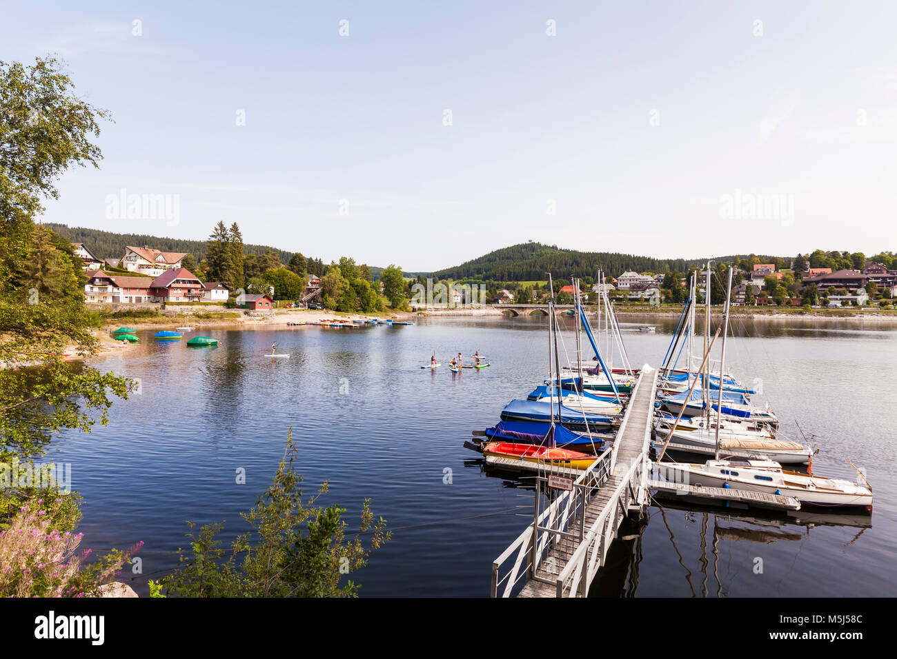 Deutschland, Bade-Wurtemberg, Schwarzwald, Schluchsee, Ortschaft Hochschwarzwald, Schluchsee, Segelboote, Stand Up, SUP, Paddeln Gruppe, Kurs mit Ki Banque D'Images