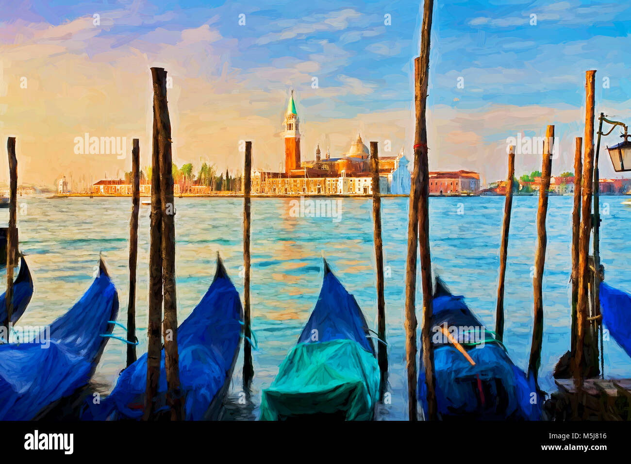 La peinture impressionniste de gondoles amarré à Molo San Marco à Venise Italie avec San Giorgio Maggiore en arrière-plan Banque D'Images