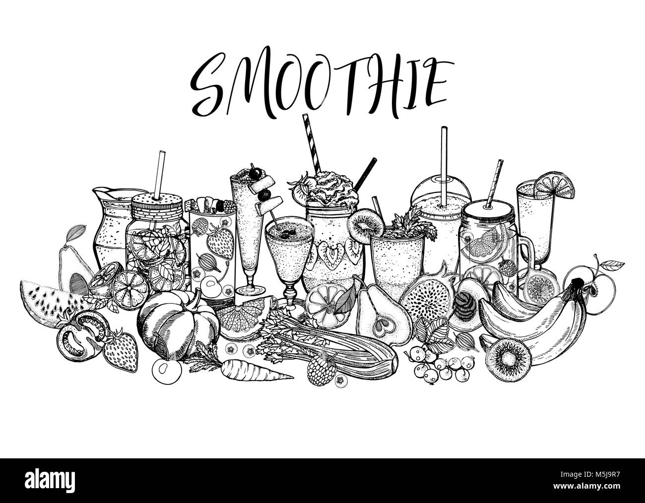 Ensemble de croquis dessinés à la main avec smoothie style fruits et légumes. Vector illustration isolé. Illustration de Vecteur