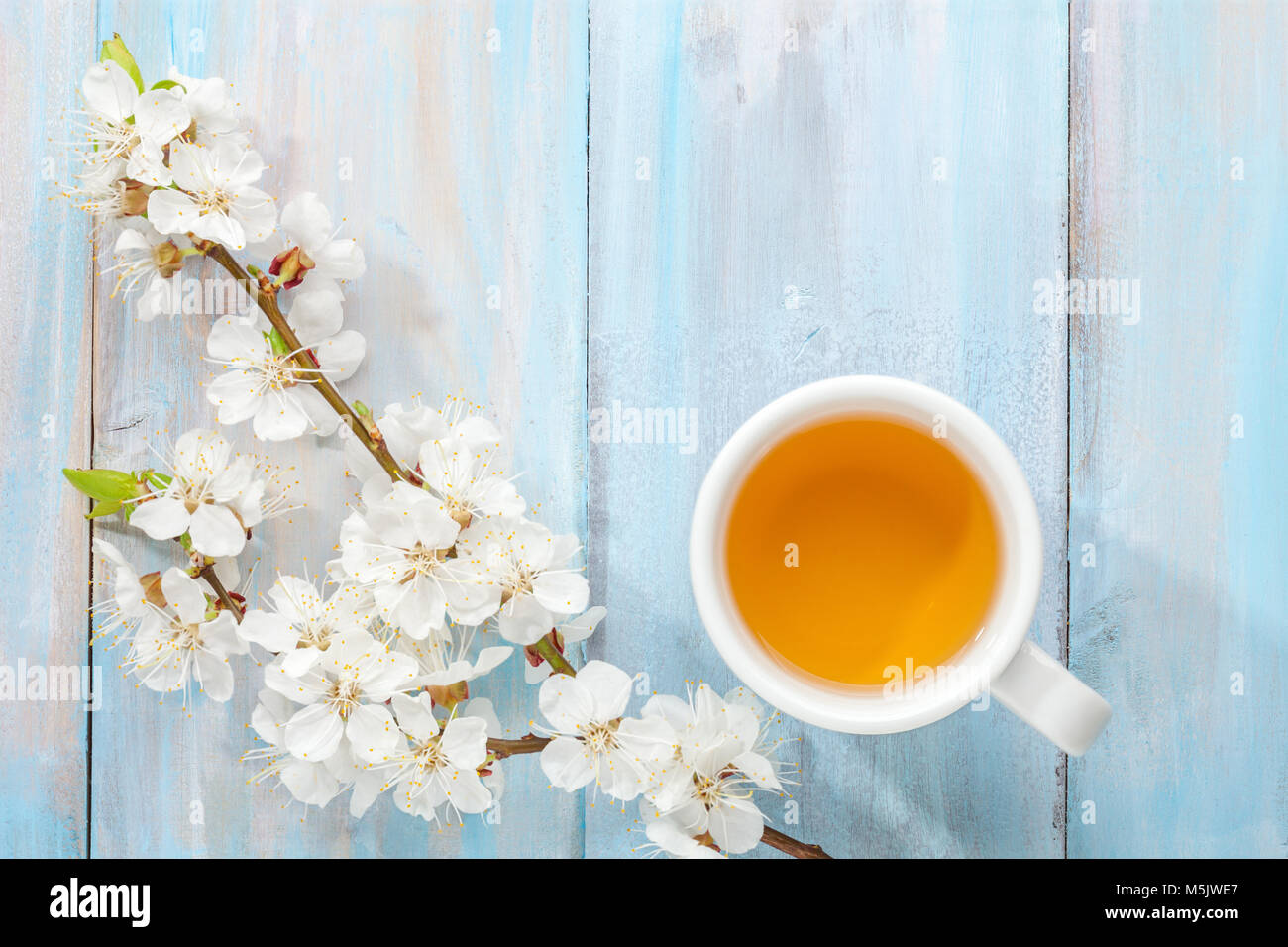 Tasse de thé et de la direction générale de l'épanouissement sur abricot vieille table en bois. Banque D'Images