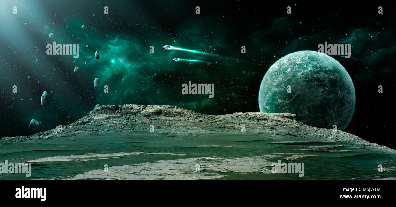 Scène de l'espace. Nébuleuse verte avec planet, des vaisseaux spatiaux et meteorits. Éléments fournis par la NASA. Le rendu 3D Banque D'Images