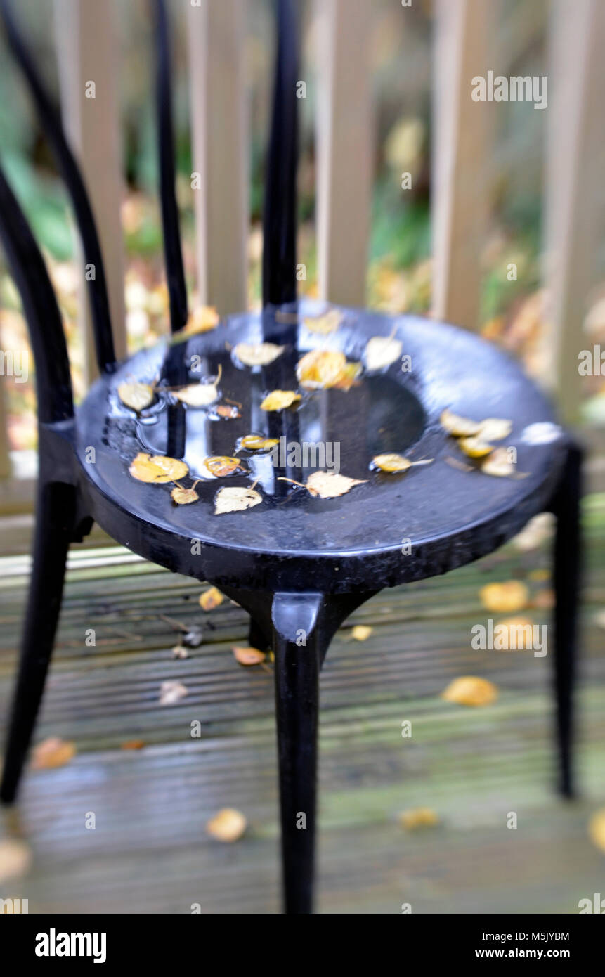 Chaise de jardin en métal recouvert de feuilles mortes humides Banque D'Images
