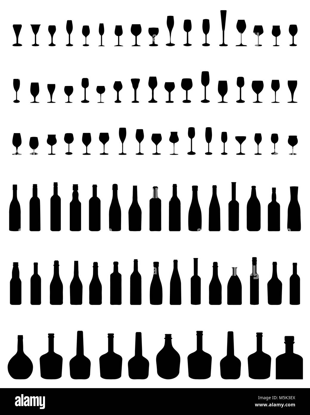 Silhouettes noires de bouteilles et verres sur un fond blanc Banque D'Images